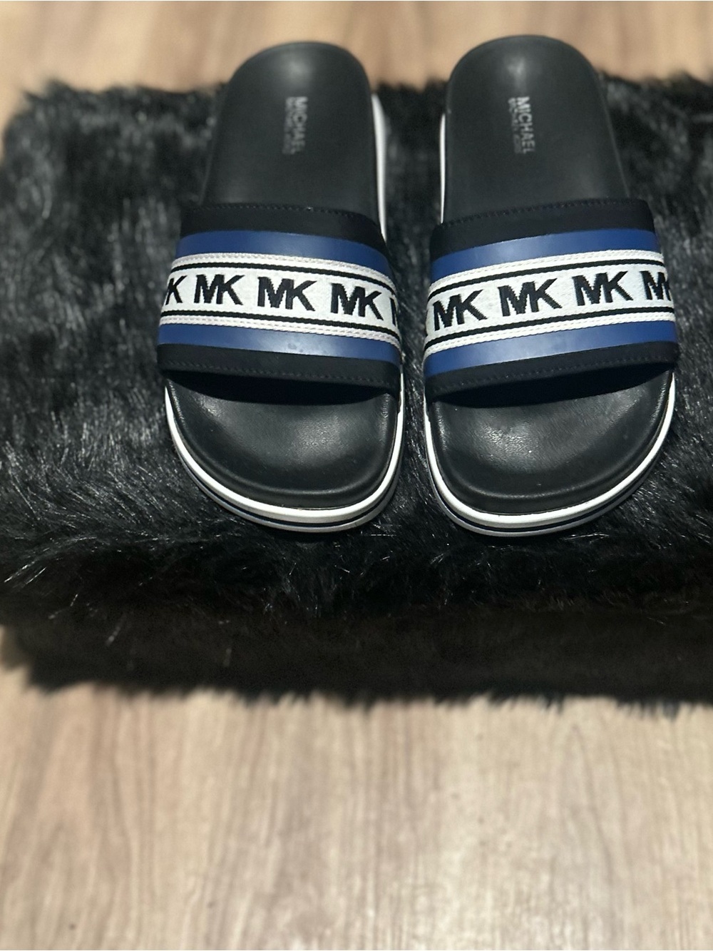 Michael Kors Black and Blue MK Logo Slide Sandals